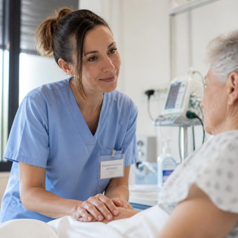 Infirmière accompagnant un patient avec bienveillance grâce à l’hypnose